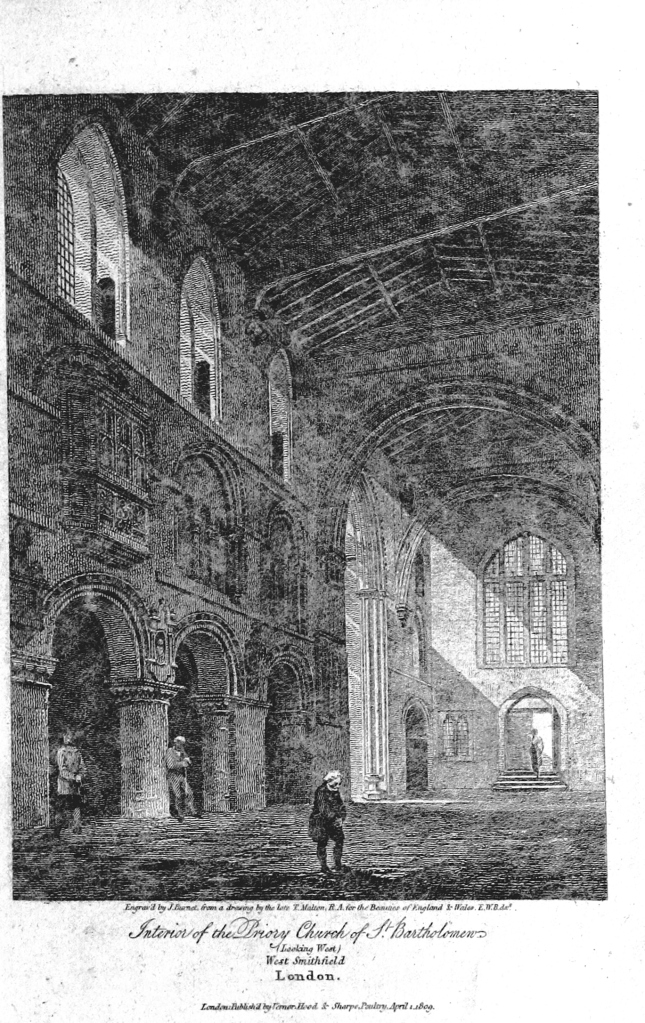 Interior of Great St Bart's in 1820, before the alterations made later in the 19th Century. Image from a book by Edward Brayley, digitised by the British Library and made available via Wikimedia Commons)