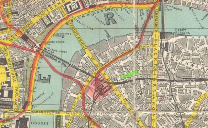Roupell St, highlighted in green, on Smith's Tape Indicator Map of London (1910), image courtesy of Wikimedia Commons