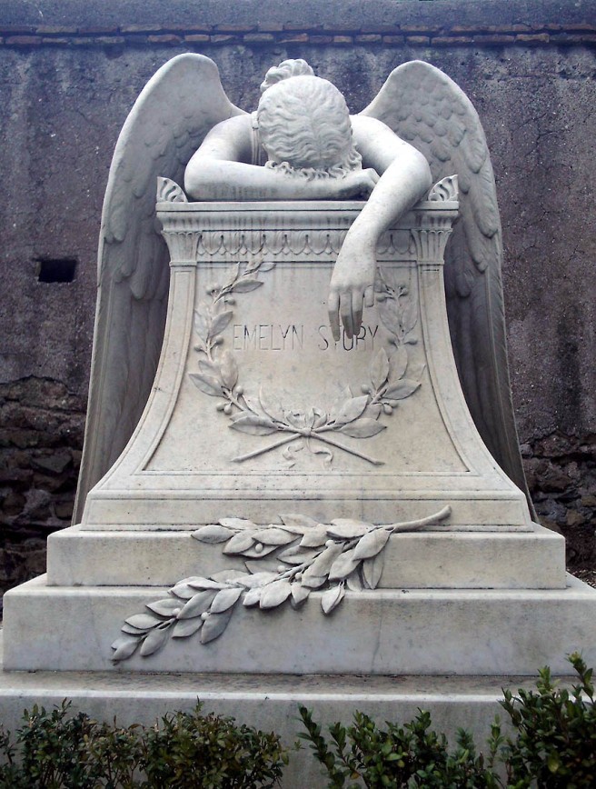 William Wetmore Story's Angel of Grief, dating from 1894, at the Protestant Cemetery in Rome (image via Wikimedia Commons)