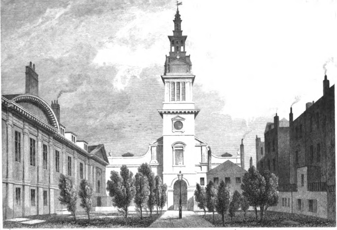 Christ Church Greyfriars, as depicted in London and its environs in the nineteenth century by James Elmes (1831) (image via Wikimedia Commons)