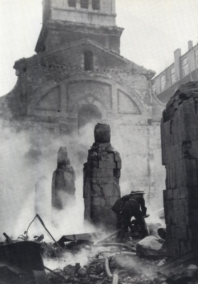 Firefighters in the smouldering ruins of Christ Church Greyfriars (image from The Citizens' Memorial)