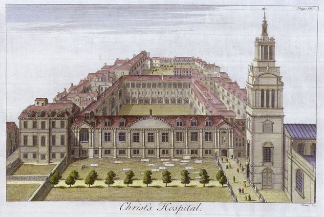 An engraving showing Christ's Hospital in 1770, with Christ Church pictured on the right (image from Wikimedia Commons)