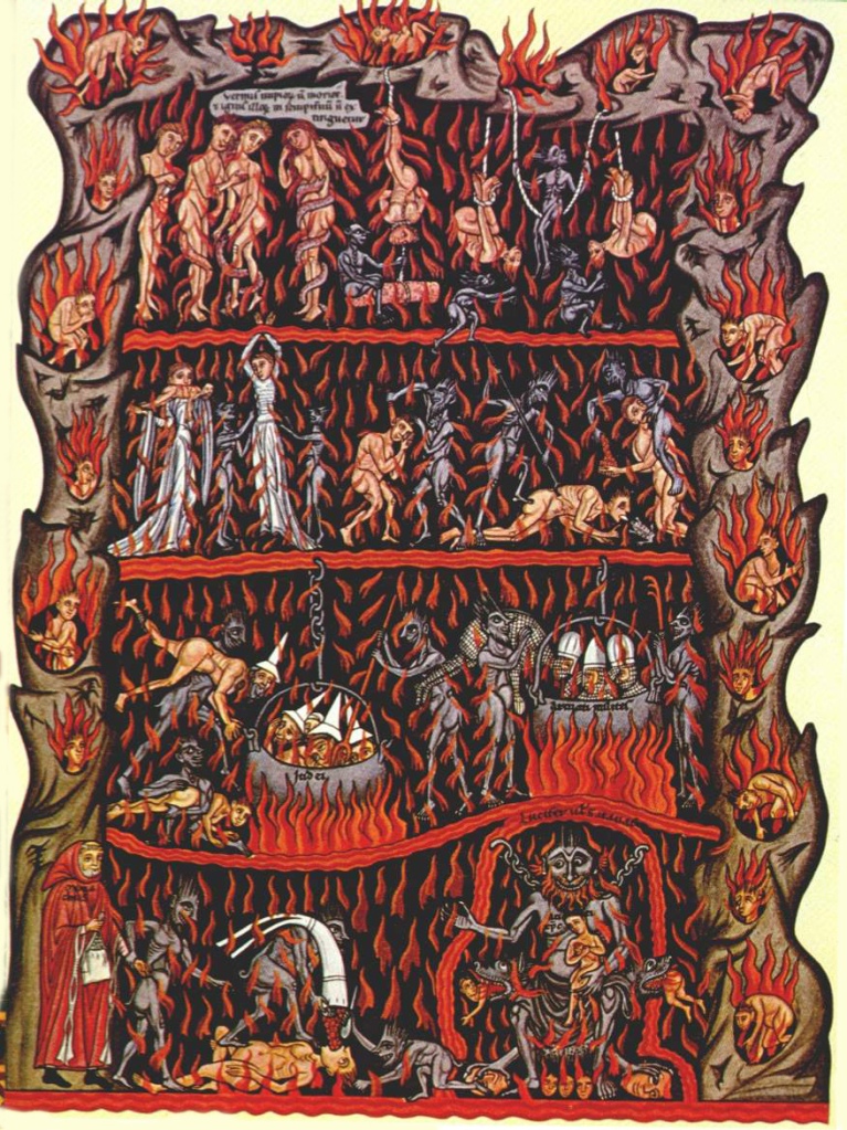 An image of hell from the 1180 manuscript encyclopedia Hortus deliciarum, by Herrad of Landsberg - produced at roughly the same time as the Lincoln Cathedral carvings (image via Wikimedia Commons) 