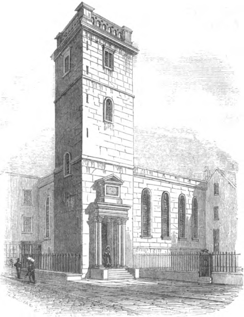Image of All Hallows Lombard St as it looked in the early 19th Century. From The Churches of London by George Godwin, 1839 (image from Wikimedia Commons)