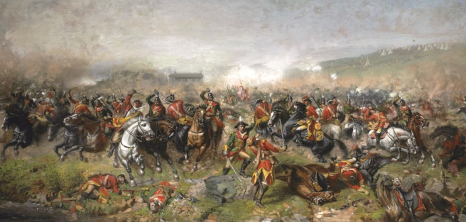 1885 painting by John Mulvany depicting the Battle of Aughrim (1691). Image via Wikimedia Commons.