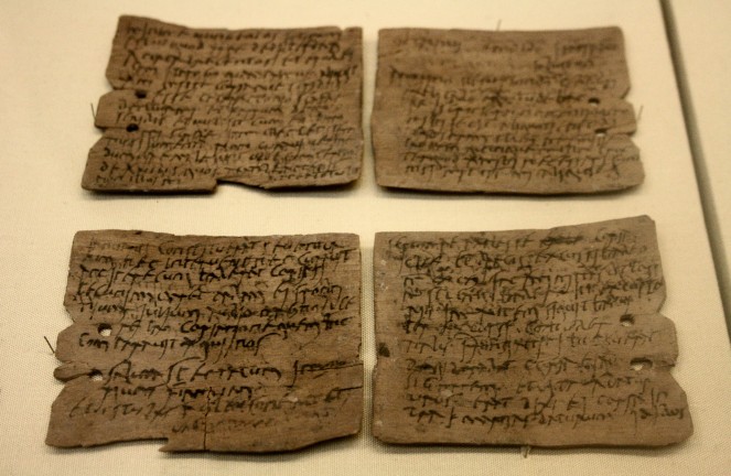 Some of the inscribed tablets found at Vindolanda, now on display at the British Museum in London (Creative Commons image by Michel Val, via Wikimedia Commons)