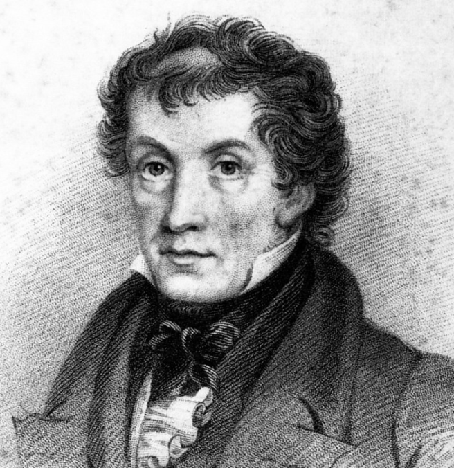 Portrait of John Claudius Loudon, a beardless man with curly dark hair, wearing a high collared jacket and bow tie